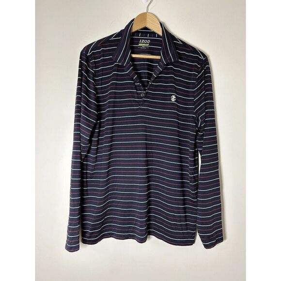 Izod Golf Polo Mens Performance Shirt Blue/Red/White Stripes Size (Large) L/S - Picture 1 of 3